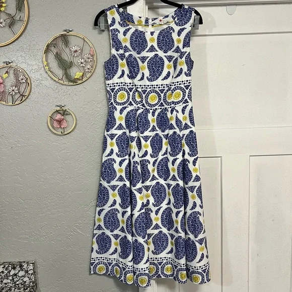 BODEN LIZZIE COTTON PREPPY PAISLEY BLUE & YELLOW SLEEVELESS MIDI DRESS SIZE 2 - Picture 3 of 15